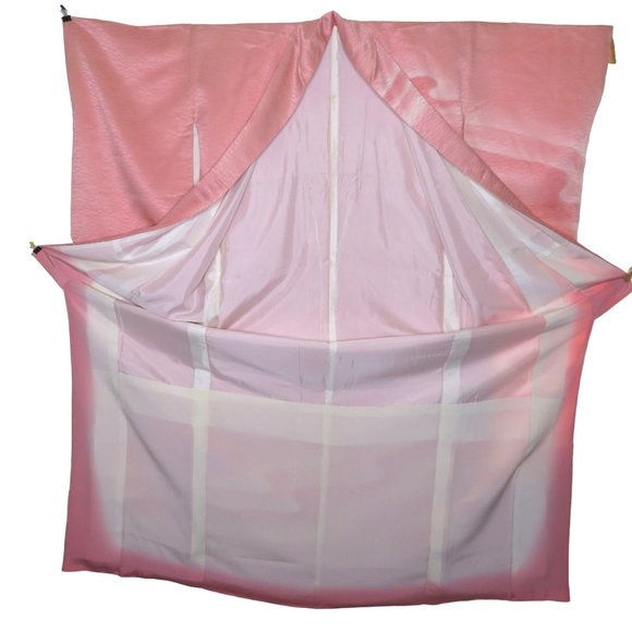 Japanese Kimono Silk Houmongi Vintage Pink Coral Peach Wave Water 63in Tsukesage - Picture 9 of 10